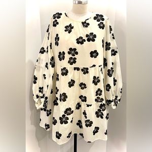 Who What Wear Tiered Cotton Floral Dress in Cream & Black with Pockets, Size XL